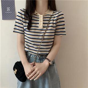 夏季年新款韩版瘦身百搭翻领女装休闲洋气短袖针织衫上衣女潮