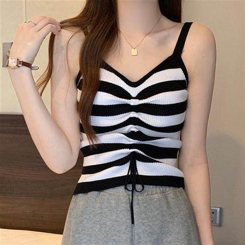韩版时尚抽绳条纹针织背心修身新款无袖设计短款吊带打底上衣褶皱