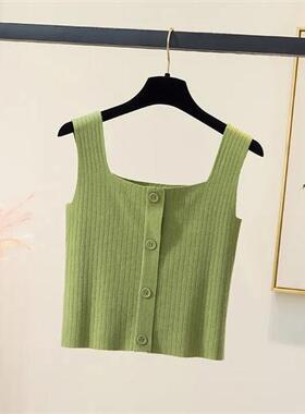 夏季方领针织吊带背心女短款冰丝内搭上衣女新款外穿无袖修身绿色