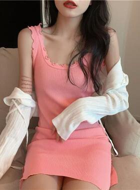 紫色吊带裙夏季新款收腰针织连衣裙女纯色无袖开叉包臀短裙子韩版
