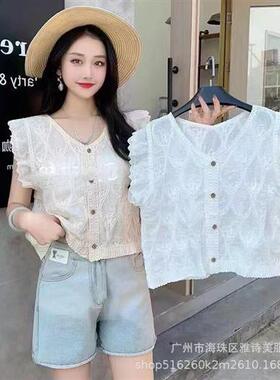 新款韩版重工刺绣钩花领马甲女春季设计感时尚宽松减龄开衫上衣