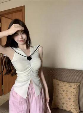 时尚设计感辣妹黑色褶皱修身显瘦无袖T恤不规则夏季短款通勤上衣