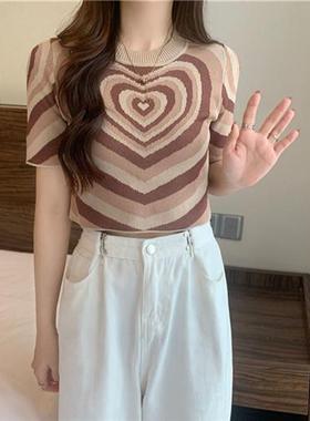 针织衫韩版彩虹短袖条纹T恤夏季新款学生辣妹短款圆领上衣ins爱心