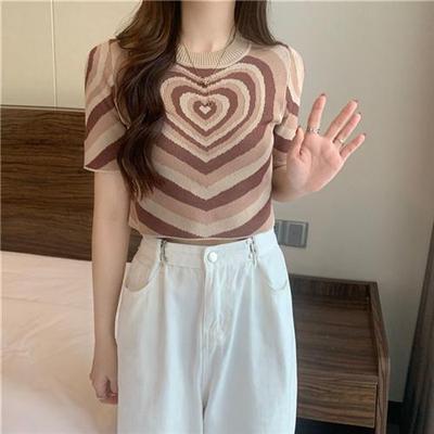 针织衫韩版彩虹短袖条纹T恤夏季新款学生辣妹短款圆领上衣ins爱心