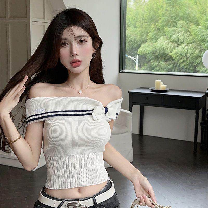 韩版显瘦设计感蝴蝶结条纹一字领短袖性感小众针织衫气质上衣露肩