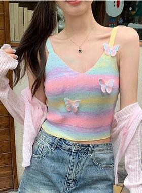 纯欲风彩虹条纹针织吊带背心女夏季多巴胺穿搭设计感蝴蝶辣妹上衣