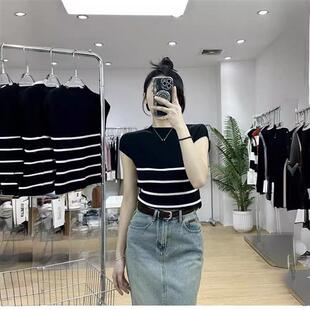 减龄黑白条纹短袖冰丝针织恤女夏季薄款显瘦气质百搭海魂衫上衣