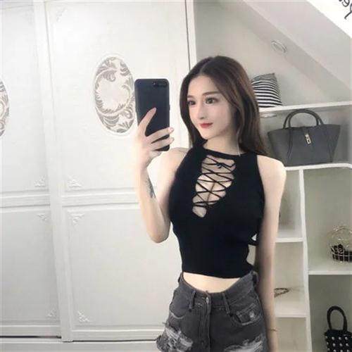 新款性感交叉镂空绑带漏胸吊带纯色百搭短款挂脖背心可两穿潮打底