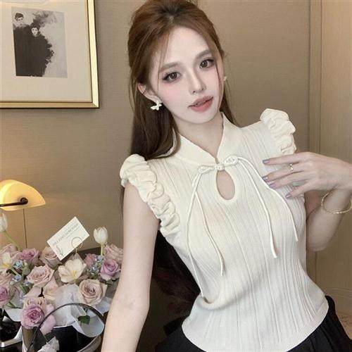 新中式国风复古盘扣花苞袖气质上衣女夏季无袖设计感小众别致小衫