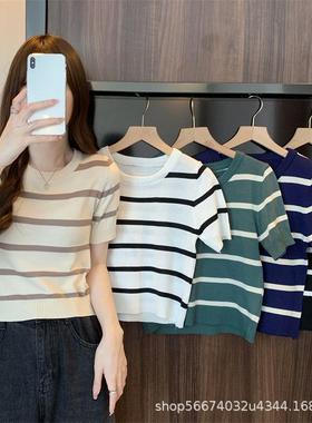 小个子慵懒风圆领高腰气质短款上衣女夏季新款chic韩版短袖T恤衫