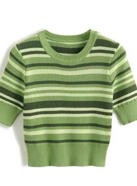 新款圆领拼接条纹针织衫短袖t恤女设计感小众冰丝上衣绿色学院风