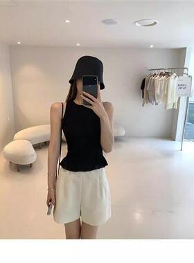 纯欲风吊带白色针织修身背心夏季打底新款木耳边显瘦无袖外穿上衣