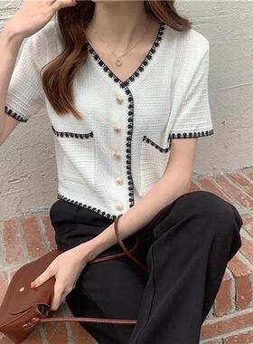 多巴胺新款夏季气质小香风薄款名媛短款韩版短袖针织开衫上衣白色