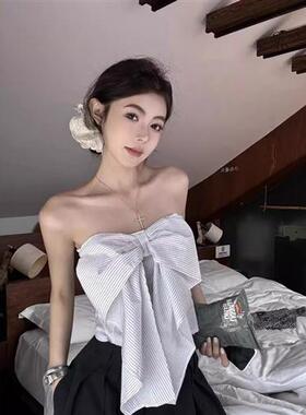 蝴蝶结白色条纹抹胸背心女夏季修身辣妹无袖裹胸短款露背上衣外穿