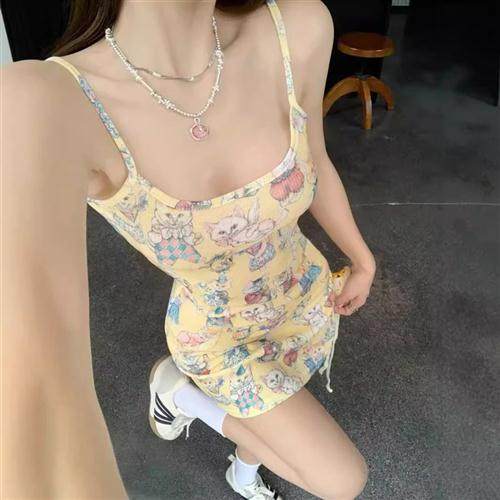 2024吊带连衣裙卡通夏季印花女新款收腰包臀显瘦打底无袖短裙修身