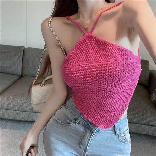 纯欲风性感露背系带针织吊带背心女镂空辣妹修身无袖挂脖短款上衣