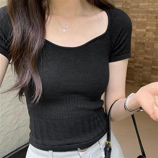 收腰小个子短袖T恤夏季新款套头针织衫短款修身显瘦百搭方领上衣