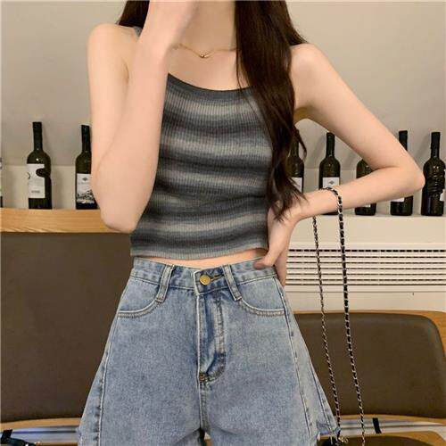 彩虹美式吊带女夏季新款条纹百搭背心美背外穿修身短款无袖上衣潮