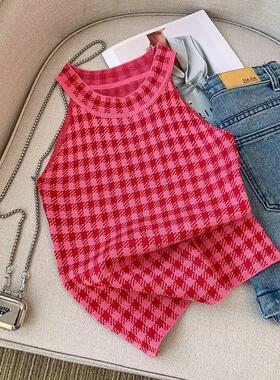 chic短款夏季背心韩版格子无袖修身打底吊带针织上衣辣妹红色