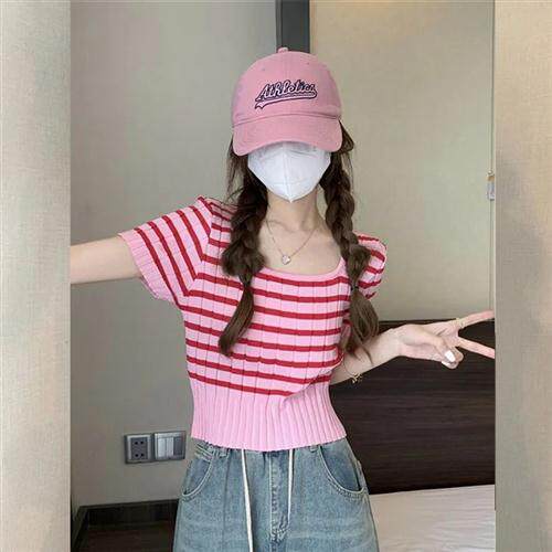 甜辣条纹短袖针织衫女夏季纯欲性感冰丝薄款方领设计感露锁骨上衣