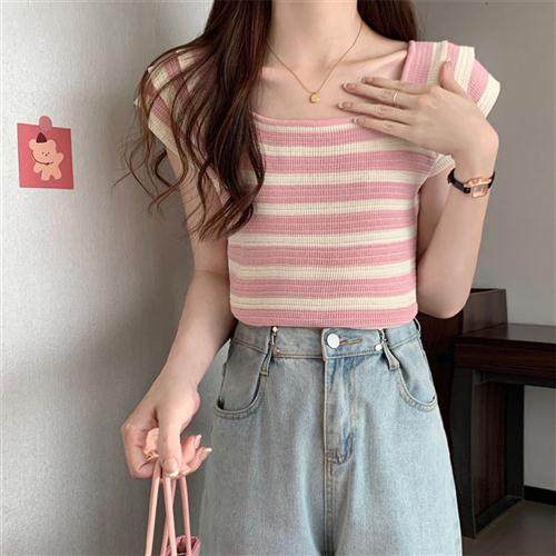 薄款冰丝方领撞色条纹正肩短袖T恤女夏季设计小众别致上衣针织衫