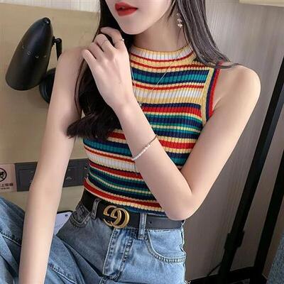 夏装网红彩虹条纹短款小背心女潮洋气设计感小众性感外穿无袖上衣