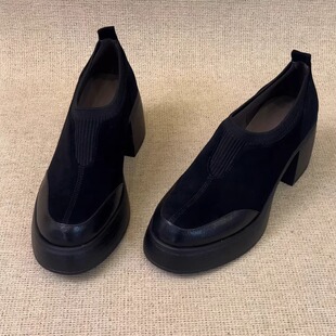 7cm小个子英伦风松紧口拼接高跟百搭一脚蹬深口防水台深口单鞋 女