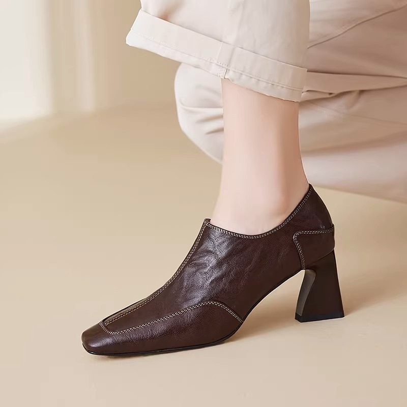 法式复古深口粗跟高跟鞋女2025新款侧拉链真皮方头单鞋软底小皮鞋,女鞋,深口单鞋,淘宝优惠券,粉丝福利购,淘宝优惠卷