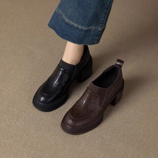 女小众粗跟小个子高跟深口单鞋 7cm针织拼接厚底乐福鞋 羊皮版