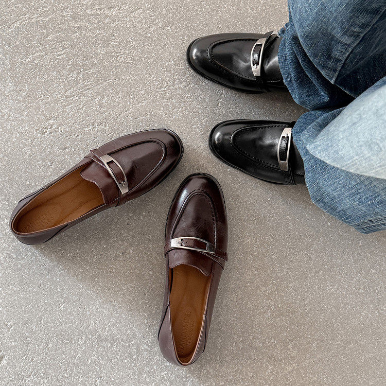 英伦风真皮乐福鞋女金属扣一脚蹬百搭舒适小皮鞋通勤软底复古单鞋,女鞋,乐福鞋（豆豆鞋）,淘宝优惠券,粉丝福利购,淘宝优惠卷