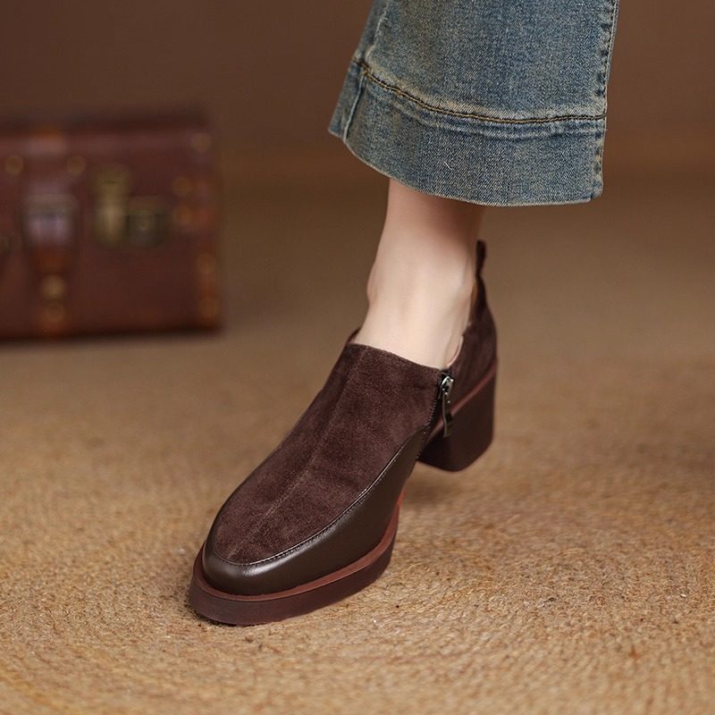 英伦复古真皮深口单鞋女粗跟圆头侧拉链舒适小皮鞋通勤厚底乐福鞋,女鞋,深口单鞋,淘宝优惠券,粉丝福利购,淘宝优惠卷