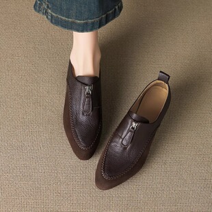 英伦风尖头乐福鞋女前拉链软皮软底低跟单鞋拼接通勤日常百搭鞋女