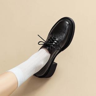 巨舒适圆头复古粗跟系带单鞋女高跟春秋季新款休闲英伦风小皮鞋