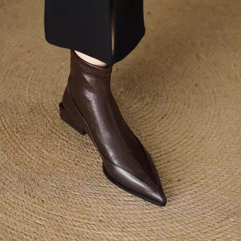 2025秋冬新款羊皮尖头弹力靴子女后拉链短靴粗跟法式时装瘦瘦靴女,女鞋,切尔西靴,淘宝优惠券,粉丝福利购,淘宝优惠卷