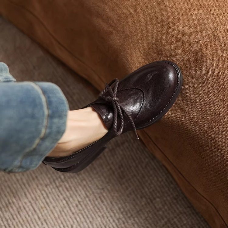 英伦复古风真皮系带乐福鞋女圆头简约百搭小皮鞋四季通勤优雅单鞋,女鞋,乐福鞋（豆豆鞋）,淘宝优惠券,粉丝福利购,淘宝优惠卷