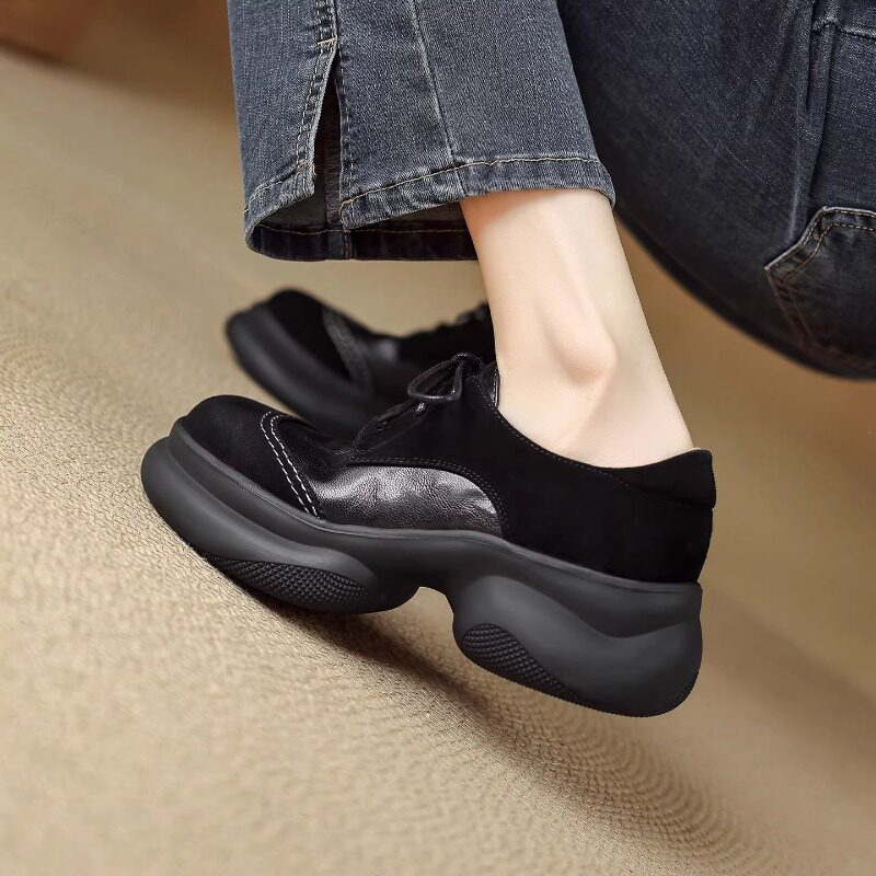 英伦风真皮乐福鞋女黑色系带厚底松糕鞋拼接撞色小个子深口单鞋女