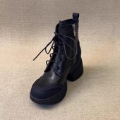 超软羊皮8cm增高厚底小个子短靴复古圆头侧拉链系带加绒马丁靴女