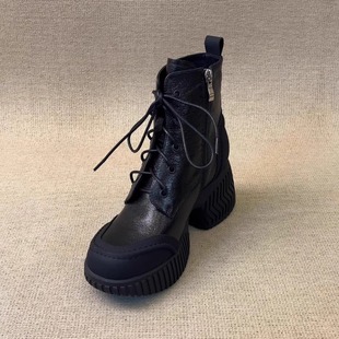 超软羊皮8cm增高厚底小个子短靴复古圆头侧拉链系带加绒马丁靴女