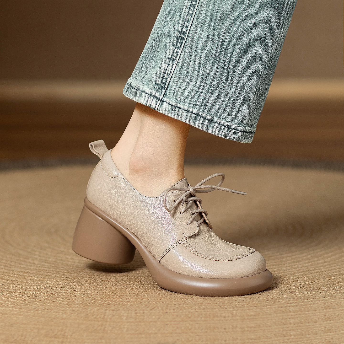 软牛皮小个子英伦真皮系带粗跟乐福鞋女厚底百搭小皮鞋不累脚单鞋,女鞋,乐福鞋（豆豆鞋）,淘宝优惠券,粉丝福利购,淘宝优惠卷