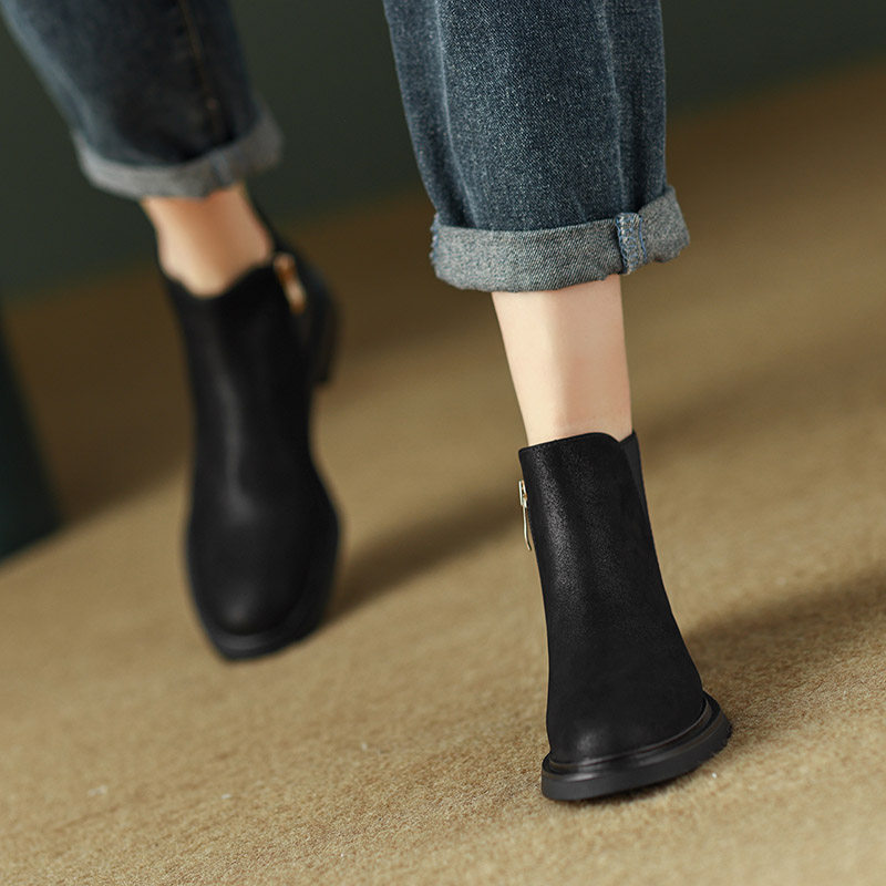 STUDDED SHORT CHELSEA BOOTS WOMENS FLAT ROUND TOE GENUINE VINTAGE SIDE ZIPPER LOW HEEL FRENCH BOOTIES ANKLE BOOTS