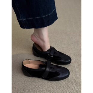 2026春季新款牛皮+金丝绒4cm乐福鞋内增高魔术贴拼接圆头休闲单鞋