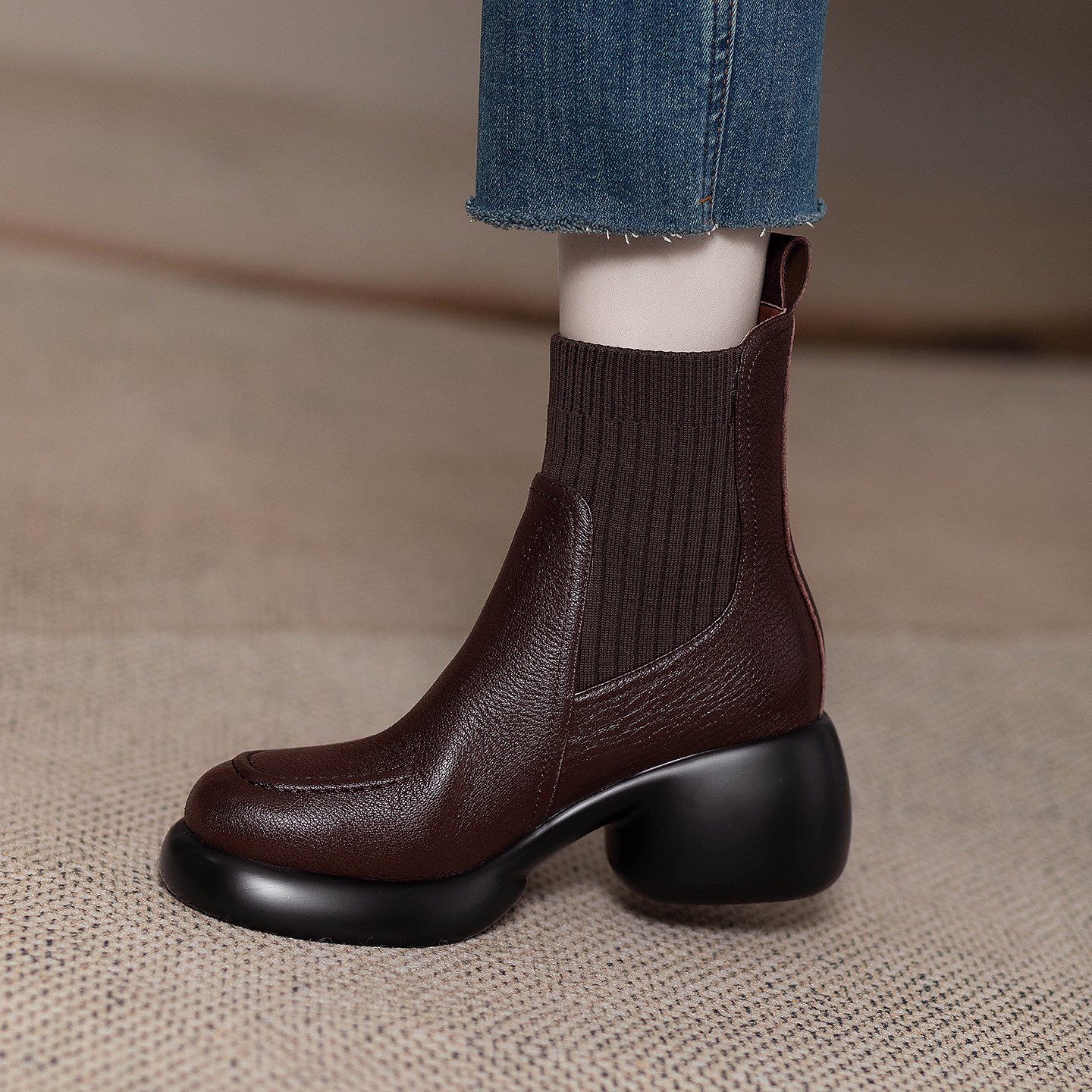 复古英伦风弹力袜靴真皮厚底粗跟短靴女毛线口瘦瘦靴不累脚马丁靴,女鞋,马丁靴,淘宝优惠券,粉丝福利购,淘宝优惠卷