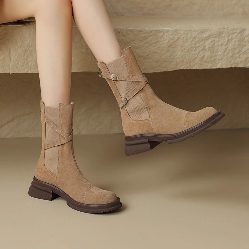 美拉德风真皮磨砂带扣短靴女秋新款厚底西部牛仔靴小众复古马丁靴,女鞋,马丁靴,淘宝优惠券,粉丝福利购,淘宝优惠卷