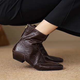 美拉德废土风复古羊皮后拉链及裸靴百搭春秋方头低跟短筒马丁靴女