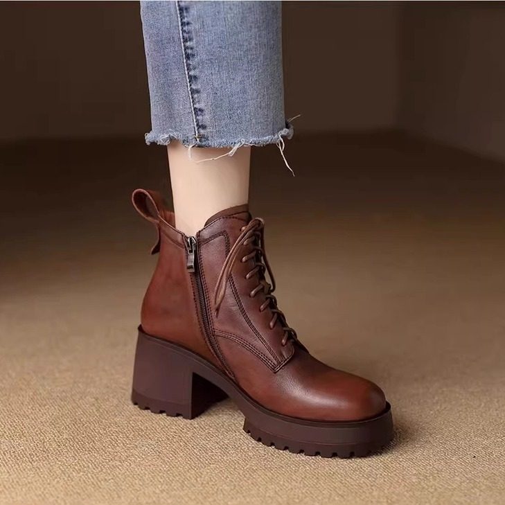 厚底防水台马丁靴女秋冬加绒2025新款小个子真皮粗高跟系带短靴女,女鞋,马丁靴,淘宝优惠券,粉丝福利购,淘宝优惠卷