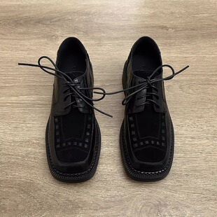 百搭深口系带简约单鞋 学院风英伦风小皮鞋 粗跟黑色方头舒适乐福鞋