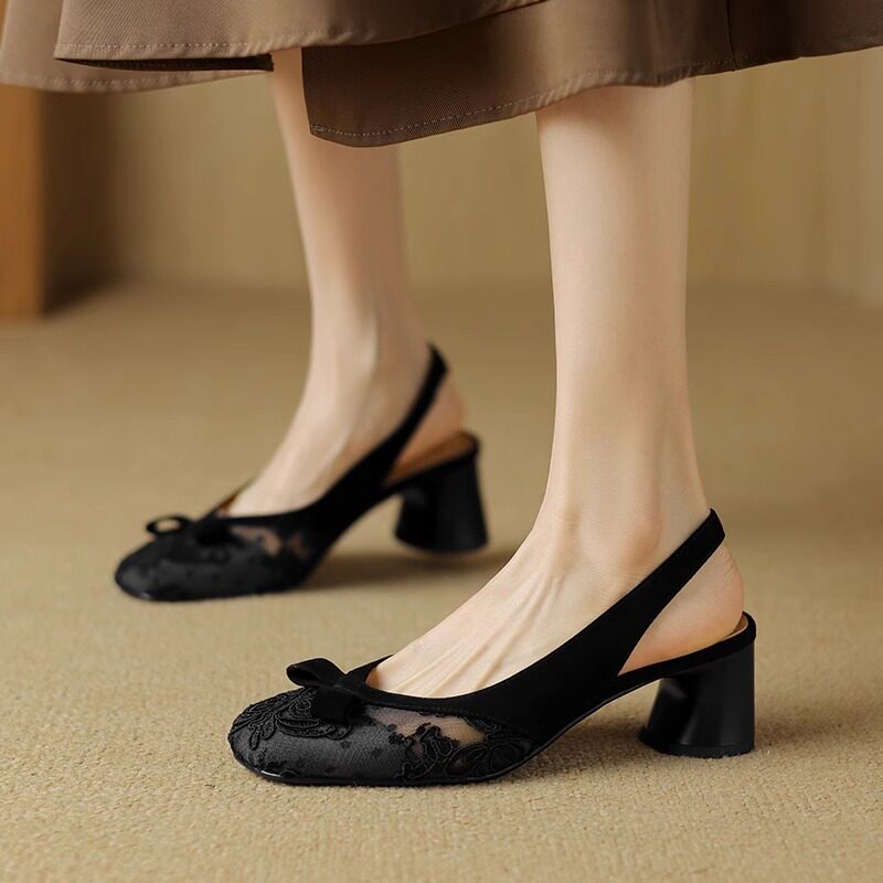 5cm复古蝴蝶结刺绣凉鞋女夏粗跟黑色网纱包头优雅气质凉鞋中高跟