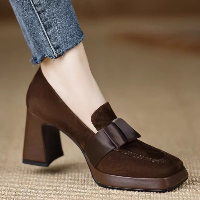 复古风方头绒面乐福鞋女粗跟反绒皮蝴蝶结一脚蹬小个子单鞋舒适女,女鞋,乐福鞋（豆豆鞋）,淘宝优惠券,粉丝福利购,淘宝优惠卷