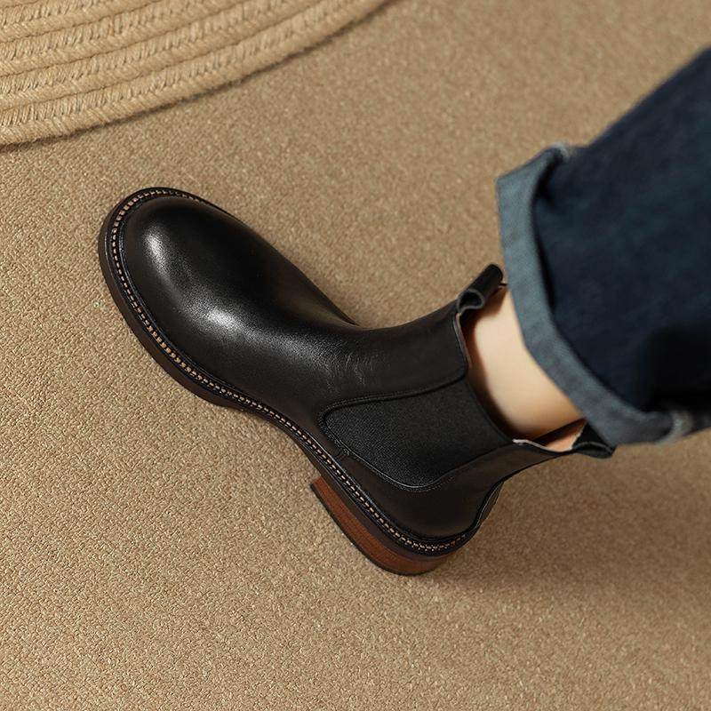 显瘦气质2025冬季新款低跟粗跟英伦风皮靴女圆头短靴真皮切尔西靴,女鞋,切尔西靴,淘宝优惠券,粉丝福利购,淘宝优惠卷
