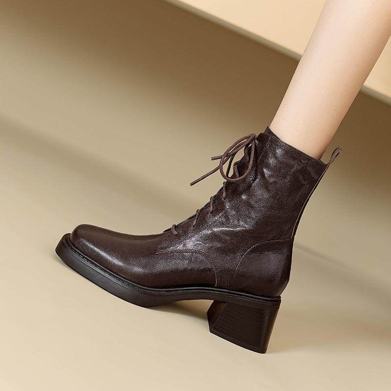 英伦风方头马丁靴女2025秋冬新款复古羊皮粗跟系带短靴百搭高跟靴,女鞋,马丁靴,淘宝优惠券,粉丝福利购,淘宝优惠卷